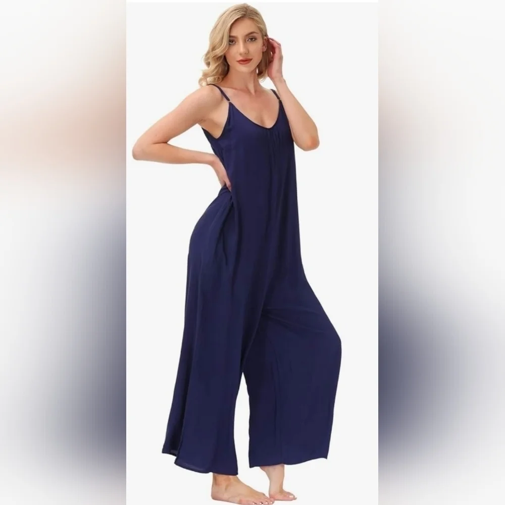 BUENOS NINOS NAVY BLUE JUMPSUIT SIDE POCKETS SPAGHETTI STRAPS SIZE MEDIUM - Picture 3 of 14